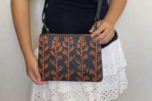 Load image into Gallery viewer, orange harakeke on grey ecofelt crossbody bag
