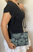 Load image into Gallery viewer, green kina on grey ecofelt crossbody bag
